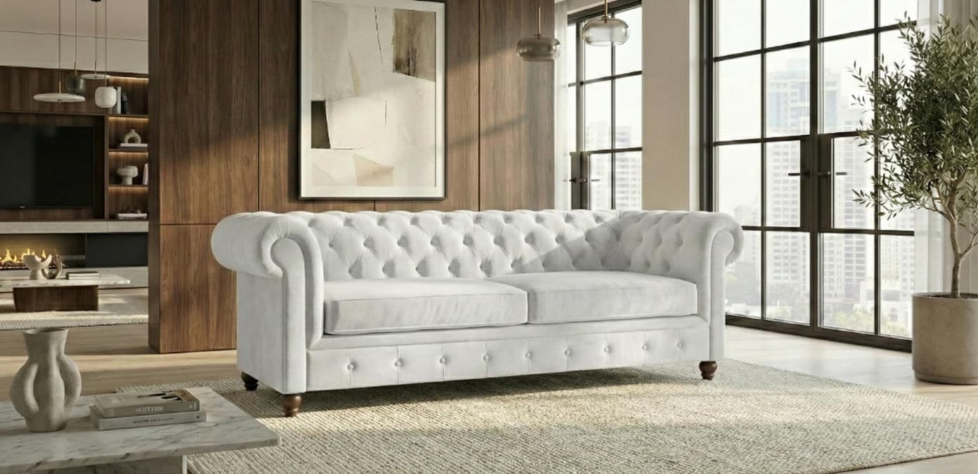 White 3 Seater Sofa  Plush Velvet Fabric Sofa Infinity