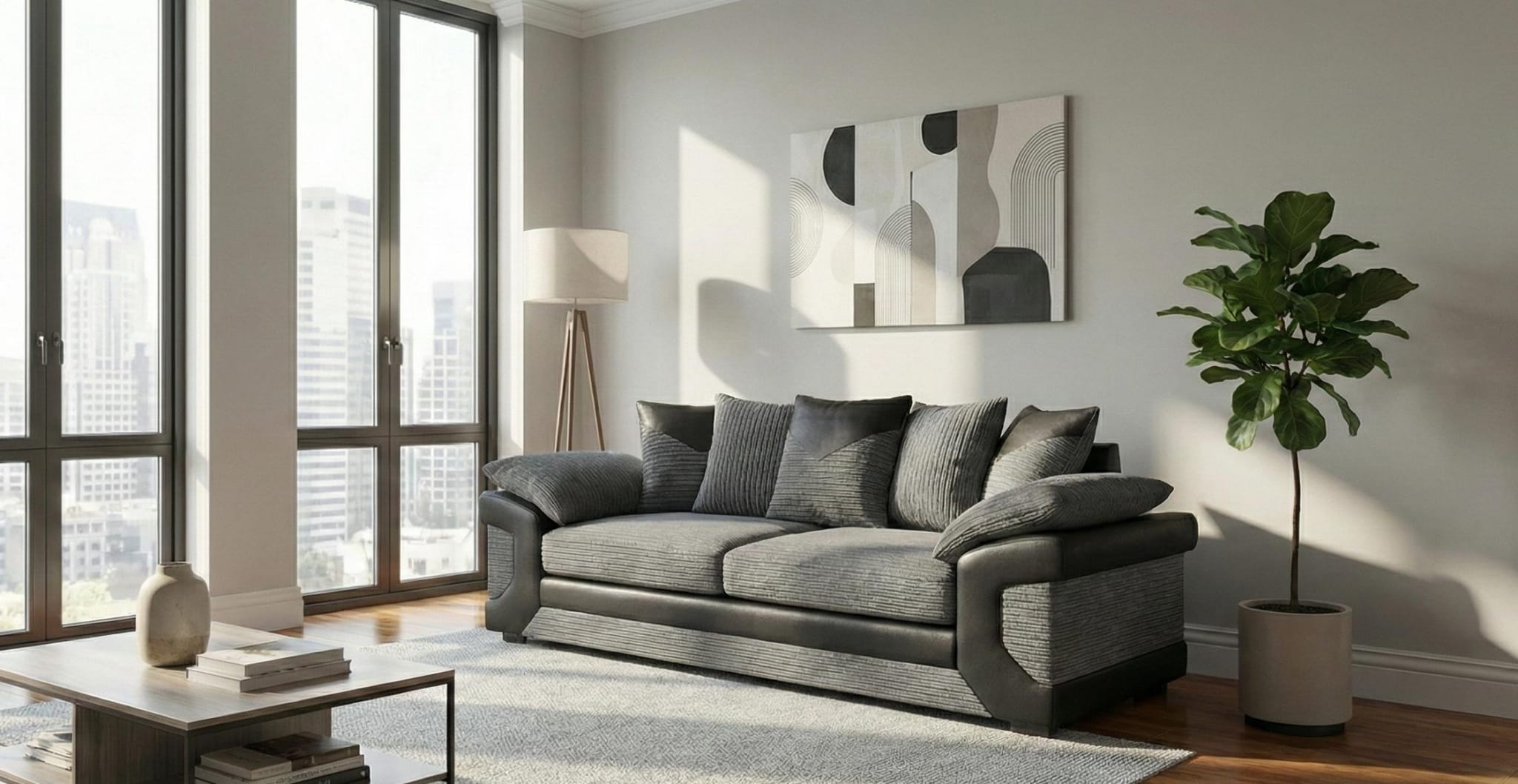 Grey Black 3 Seater Sofa Jumbo cord Fabric Dino Sofa