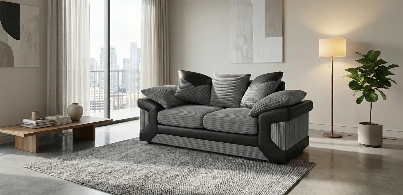 Grey Black 2 Seater Sofa Jumbo cord Fabric Dino Sofa