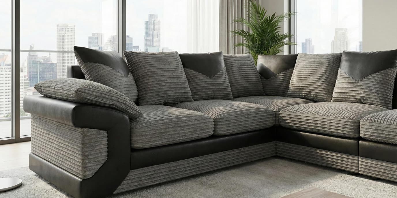 Grey Black Corner Sofa Jumbo cord Fabric Dino Sofa