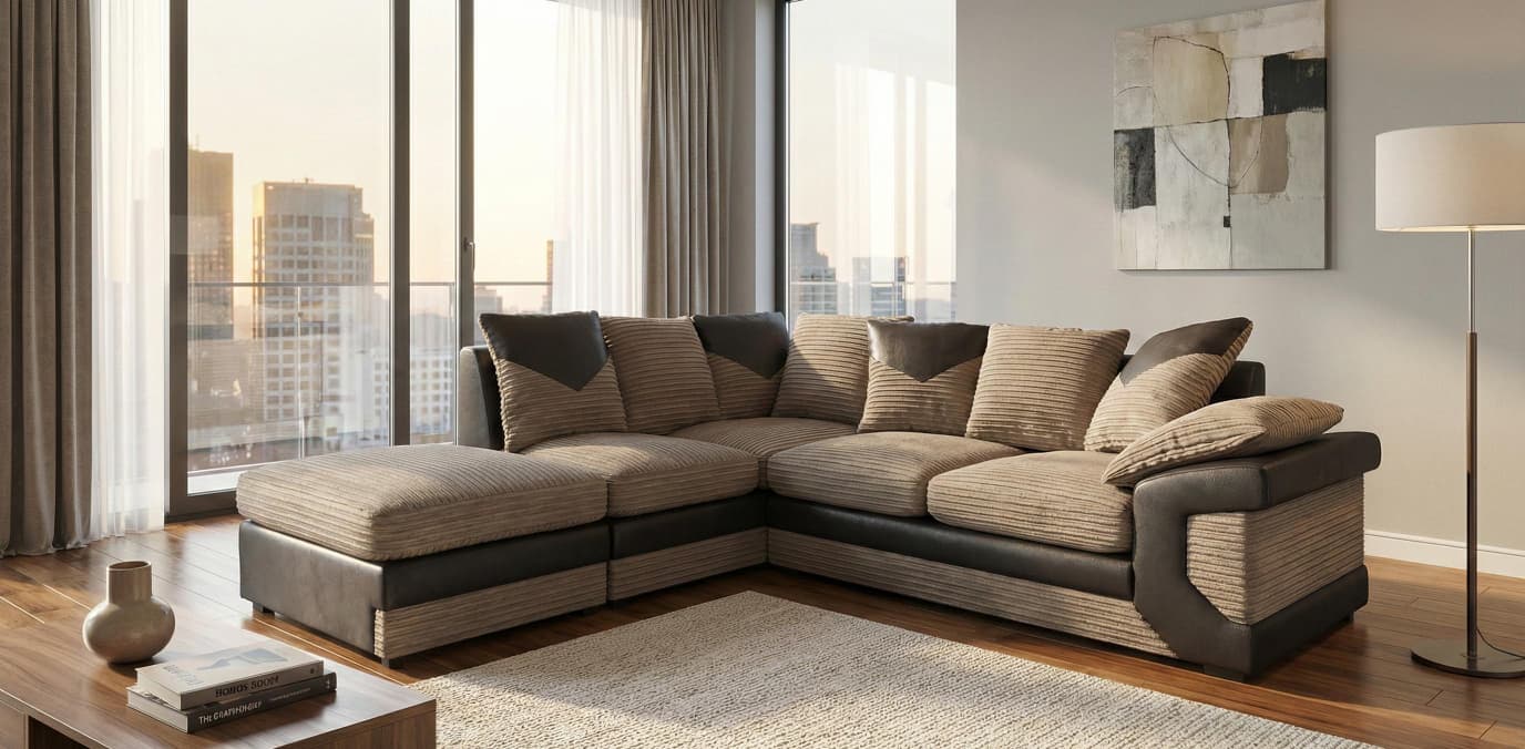 Beige Brown Corner Sofa Jumbo cord Fabric Dino Sofa