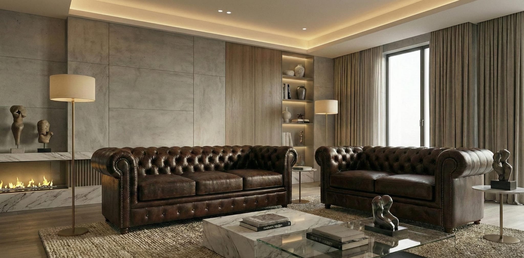Dark Brown 2+3 Seater Sofa Set faux  leather Fabric Chesterfield Sofa