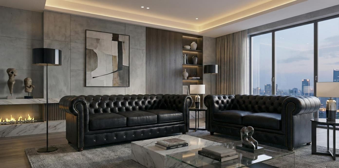 Black 2+3 Seater Sofa Set Faux Leather Fabric Chesterfield Sofa