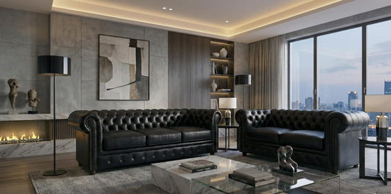 Black 2+3 Seater Sofa Set Faux Leather Fabric Chesterfield Sofa