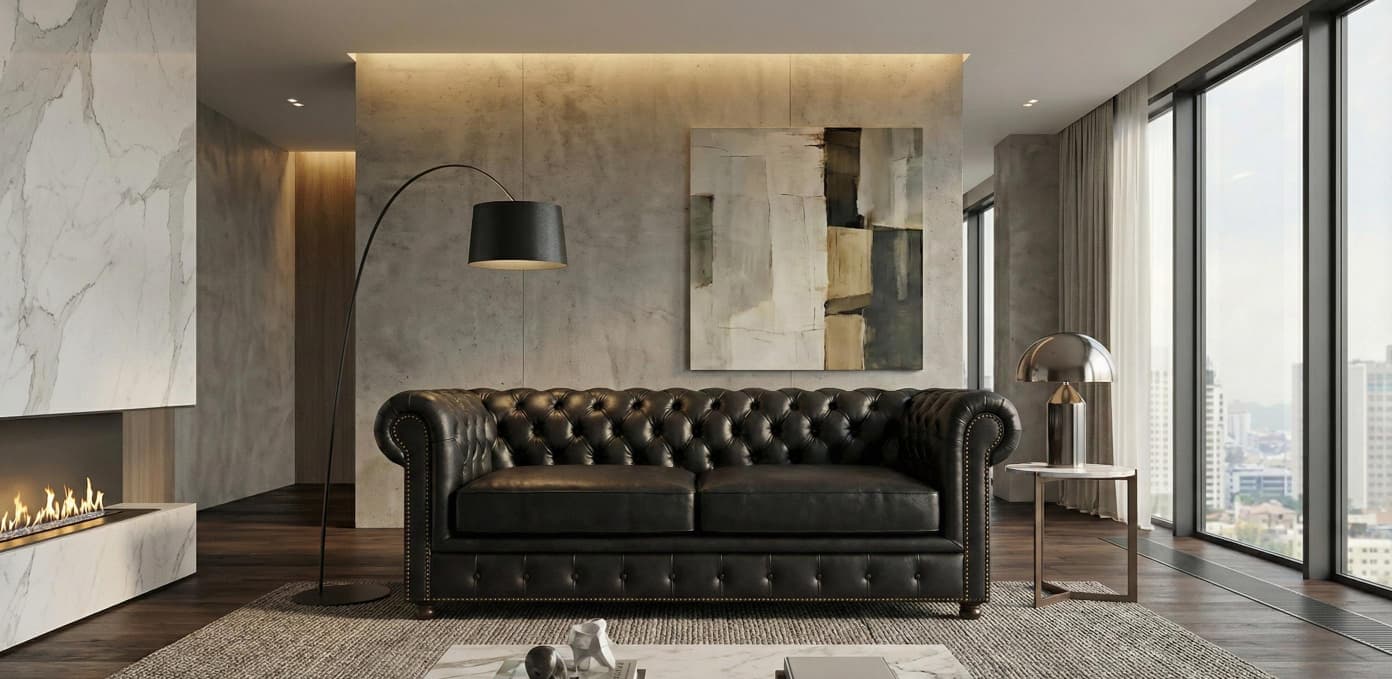 Black 2 Seater Sofa Faux Leater Fabric Chesterfield Sofa