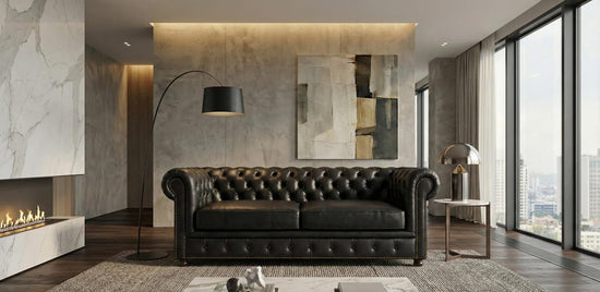 Black 2 Seater Sofa Faux Leater Fabric Chesterfield Sofa