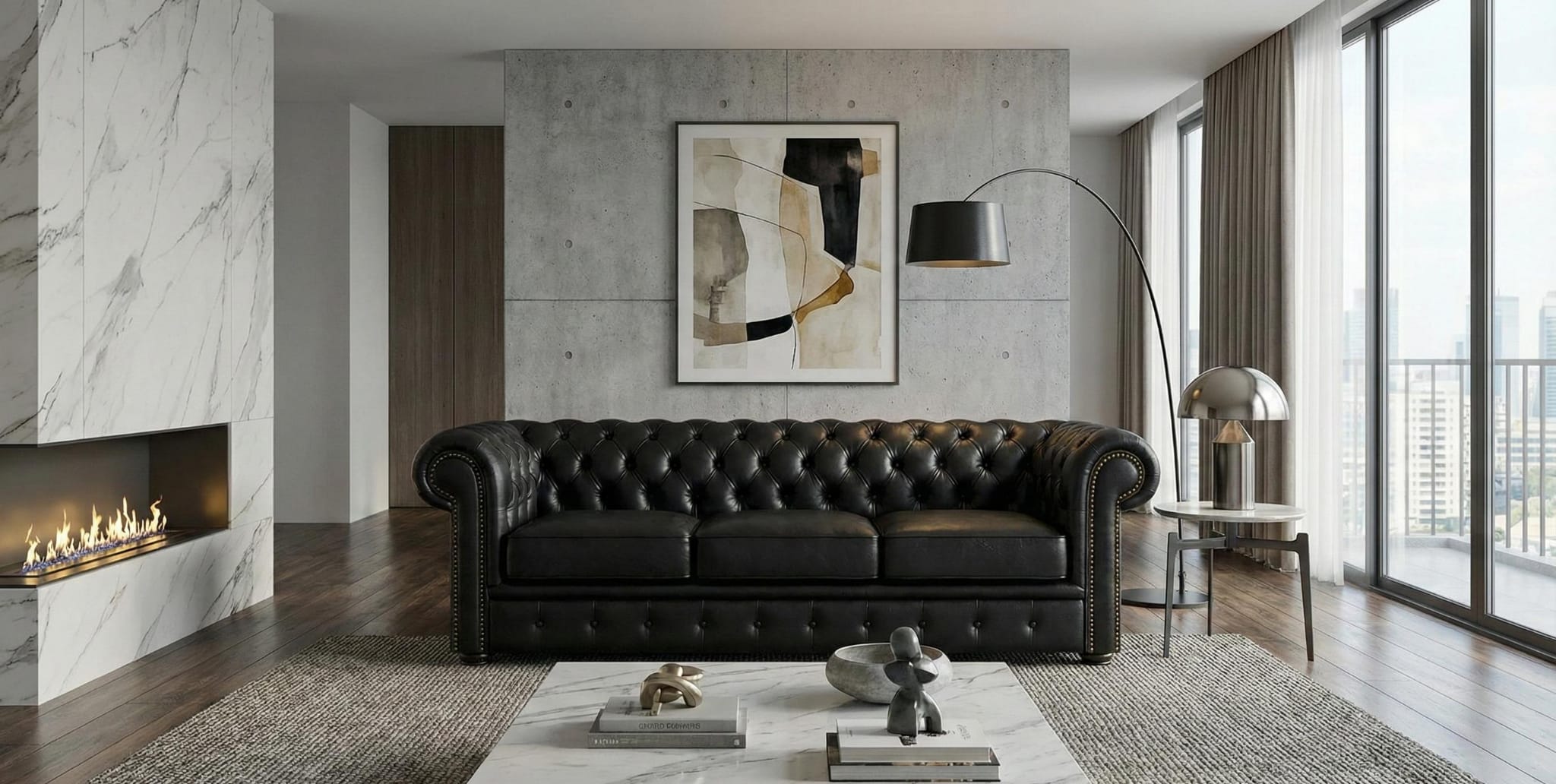 Black 3 Seater Sofa Faux Leater Fabric Chesterfield Sofa