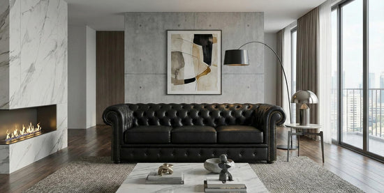 Black 3 Seater Sofa Faux Leater Fabric Chesterfield Sofa