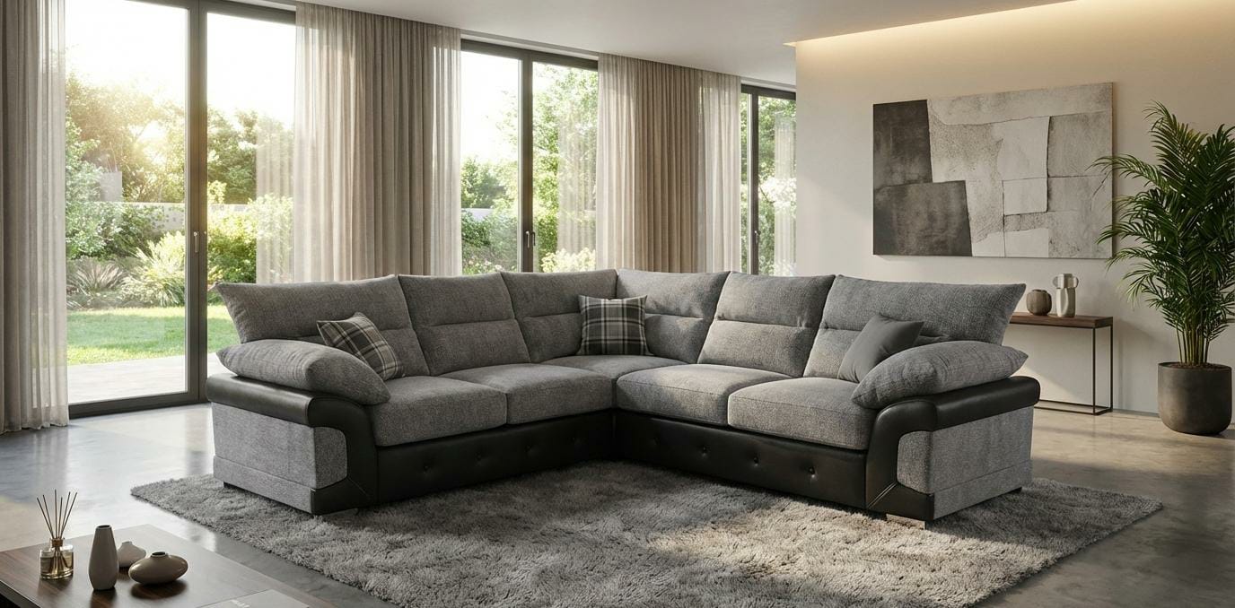 Light Grey Corner Sofa Chenille Fabric Sofa LOGAN