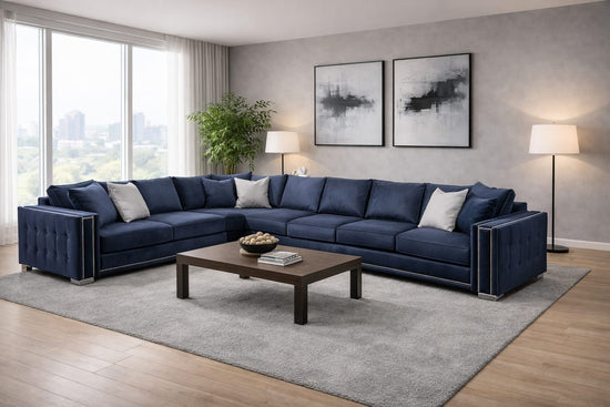 Dark Navy Blue Corner Sofa Polyester Fabric Sofa Bentley