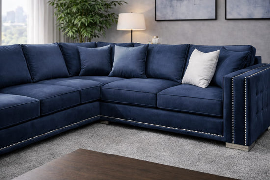 Dark Navy Blue Corner Sofa Polyester Fabric Sofa Bentley