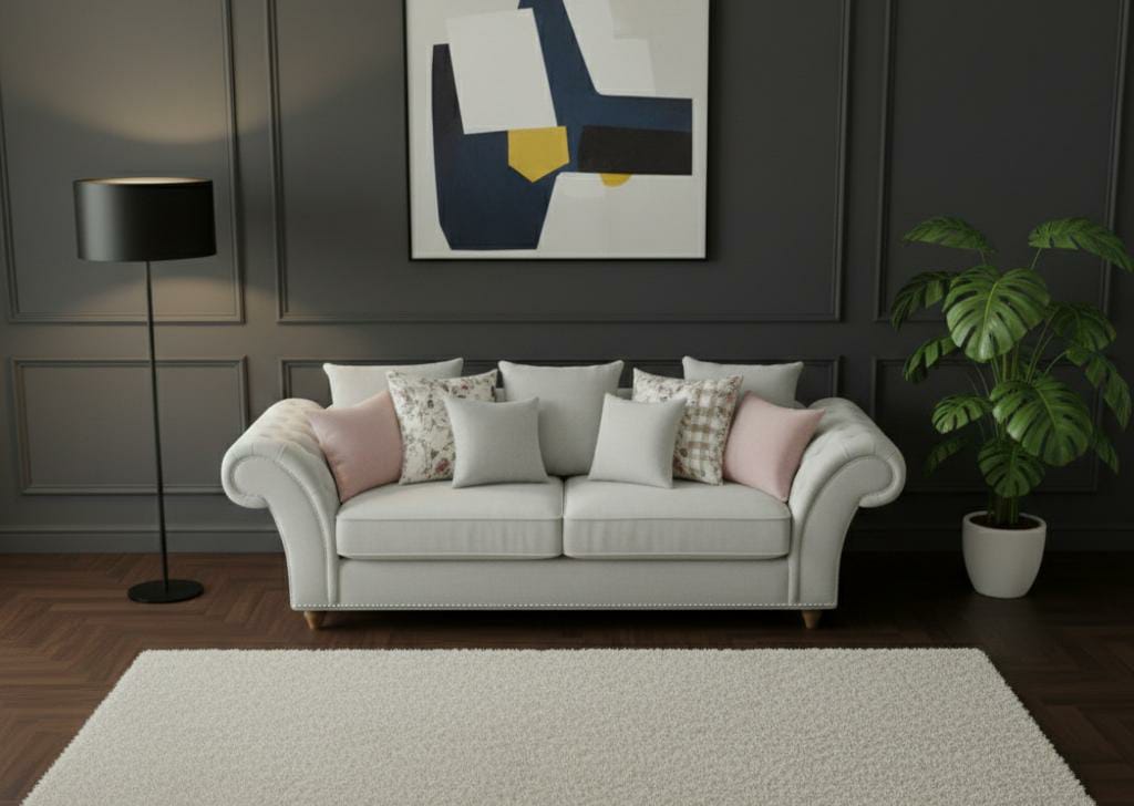 Silver  White  3 Seater Sofa Polyester Fabric Sofa Roma