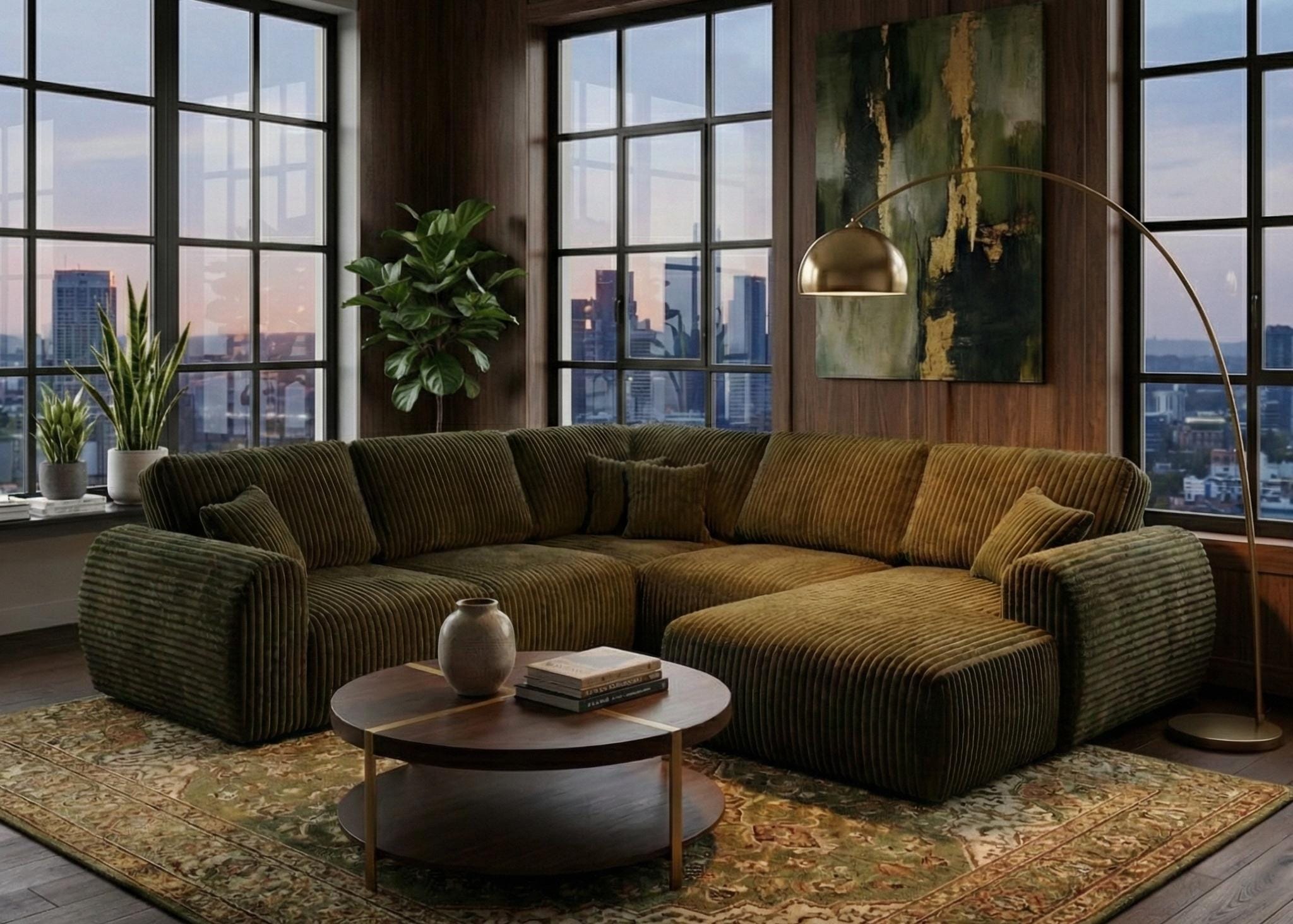 Olive  Green Chenille  Fabric U Corner seater sofa set Vinci