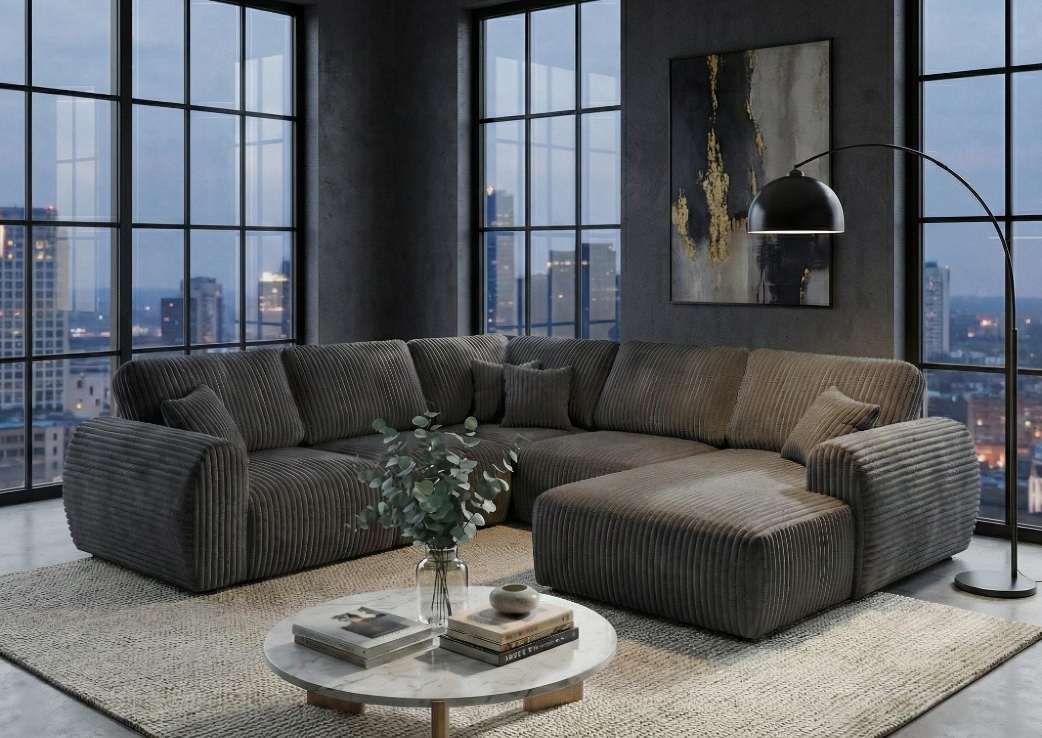 Grey  Chenille  Fabric U Corner seater sofa set Vinci