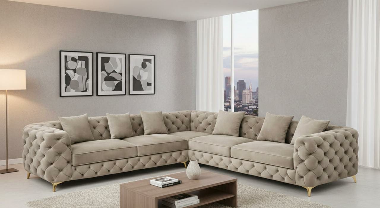 Cream Bovine leather Fabric Corner sofa ALICE CORNER SET