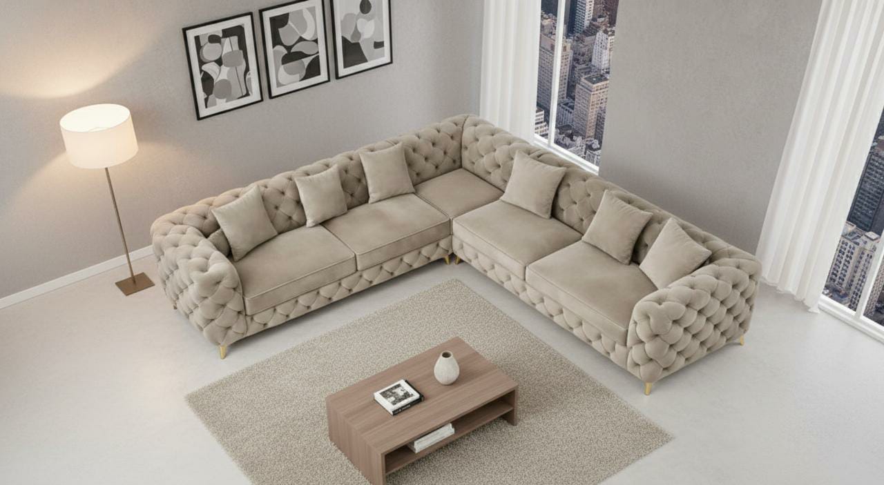Cream Bovine leather Fabric Corner sofa ALICE CORNER SET