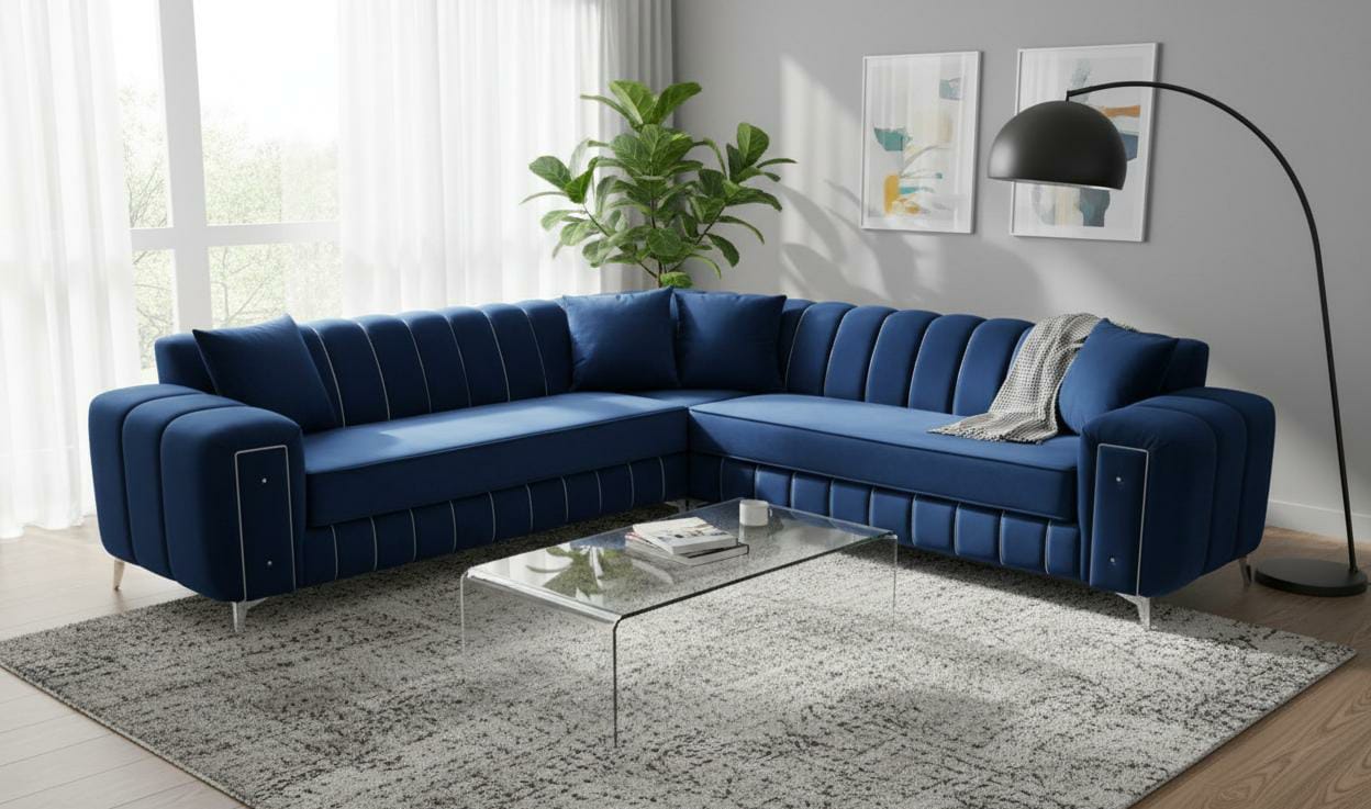 Navy Blue Velvet Corner sofa DOLLAR CORNER SET