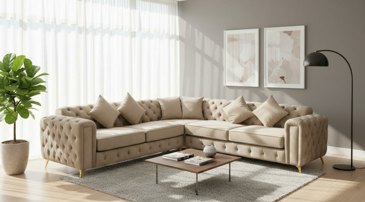 Cream Polyester Fabric Corner sofa NORA CORNER SET