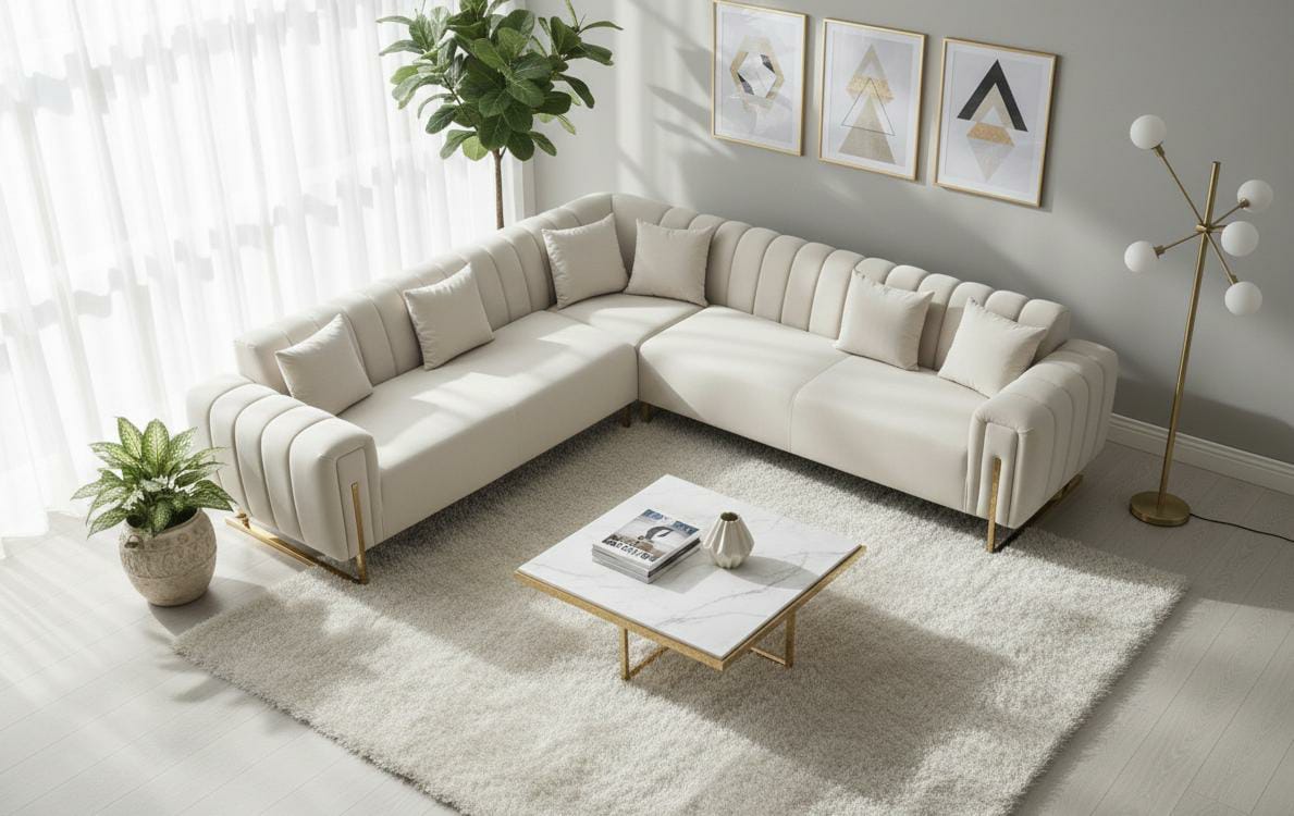 White Polyester  Fabric Corner sofa LUX CORNER SET