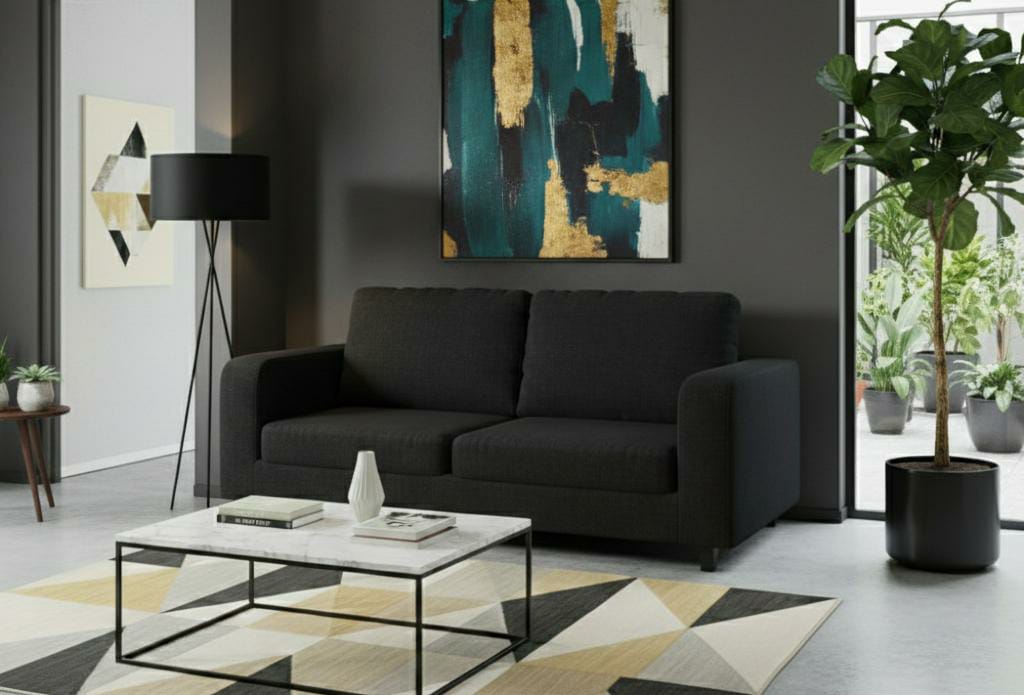 Black 2 Seater seater mix Polyester Fbric sofa set Box