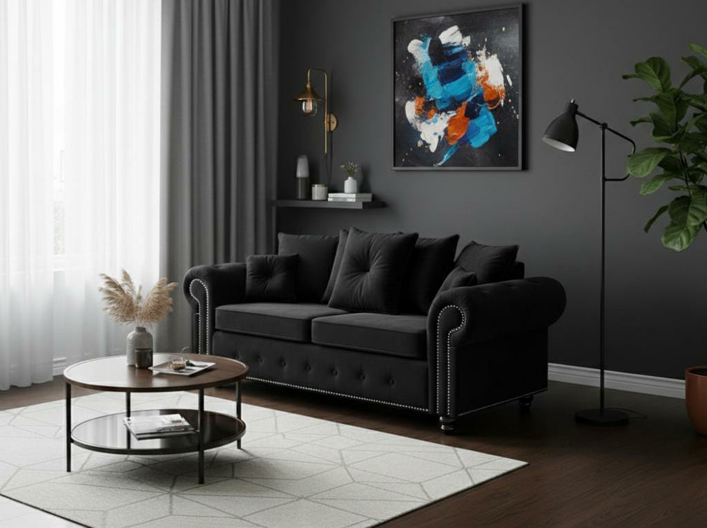 Black 3 Seater seater Chenille  Fbric sofa set Olimpia
