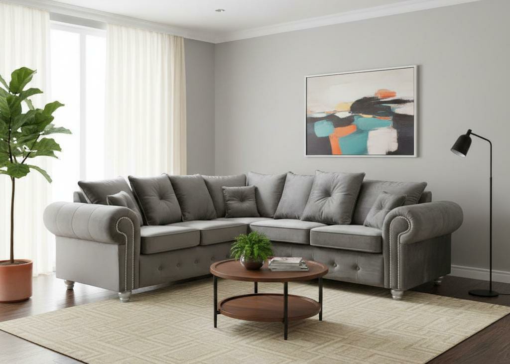 Grey  Corner seater Chenille  Fbric sofa set Olimpia