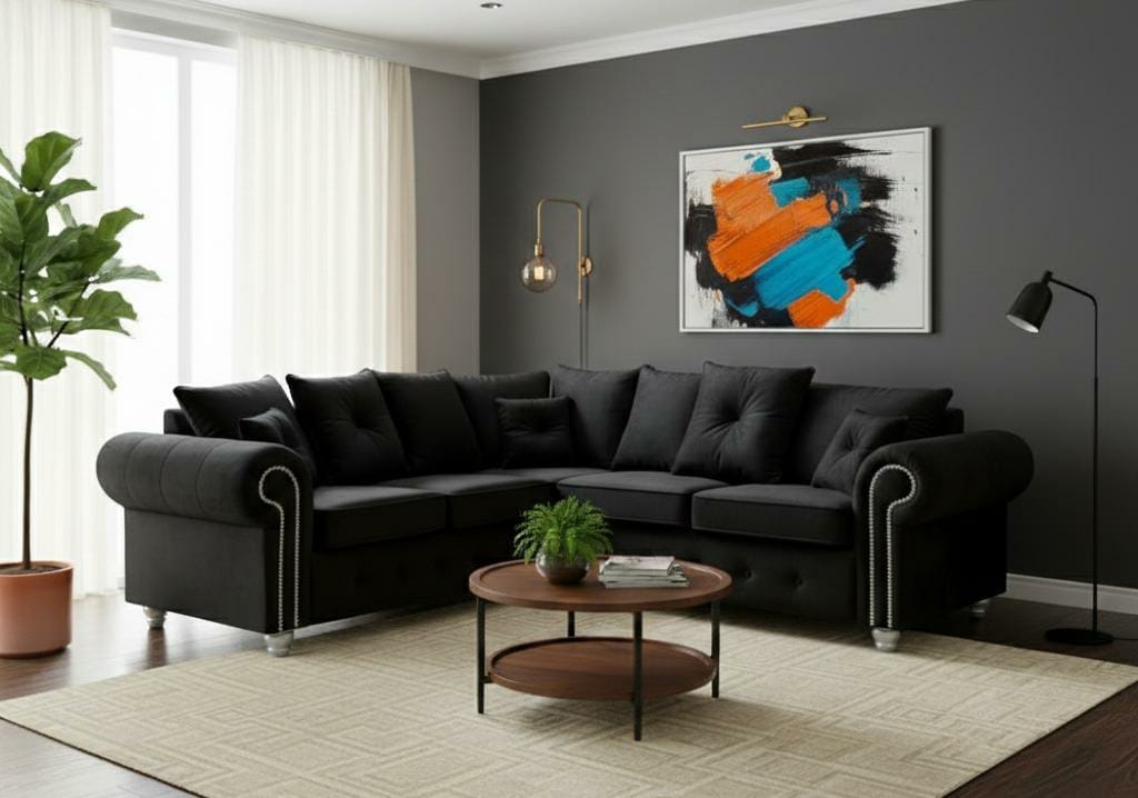 Black Corner Seater Chenille Fabric Sofa Set Olimpia
