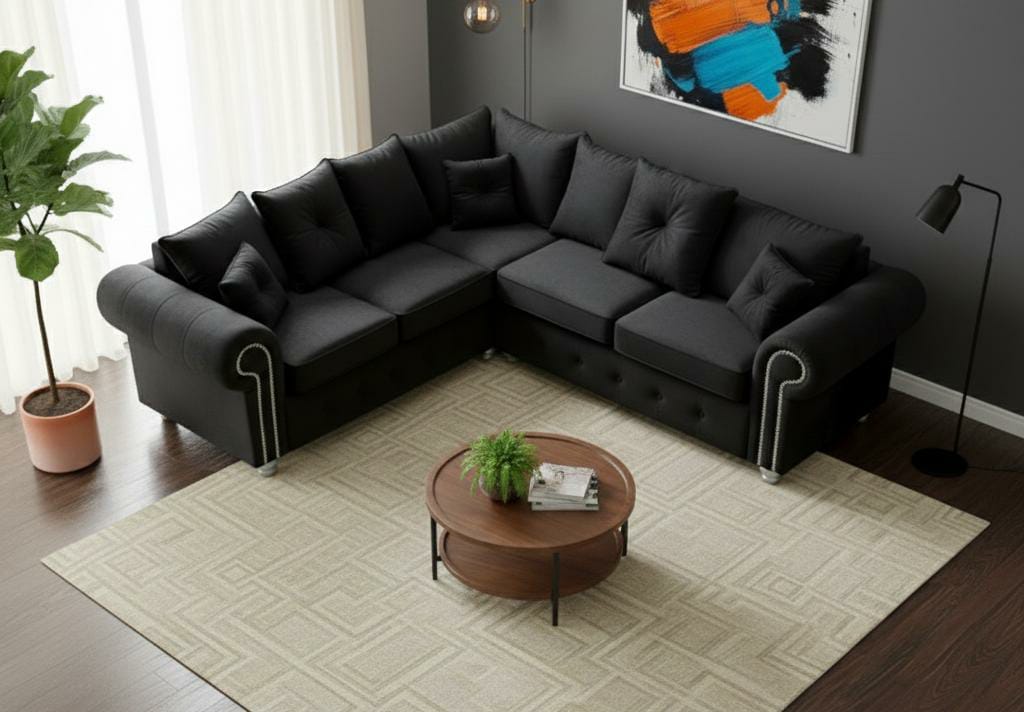 Black Corner seater Chenille Fbric sofa set Olimpia