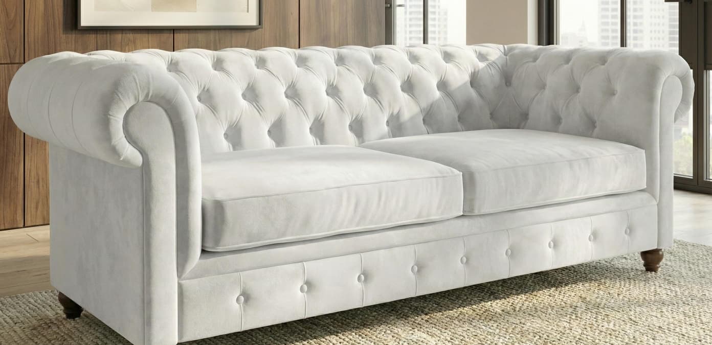 White 3 Seater Sofa  Plush Velvet Fabric Sofa Infinity