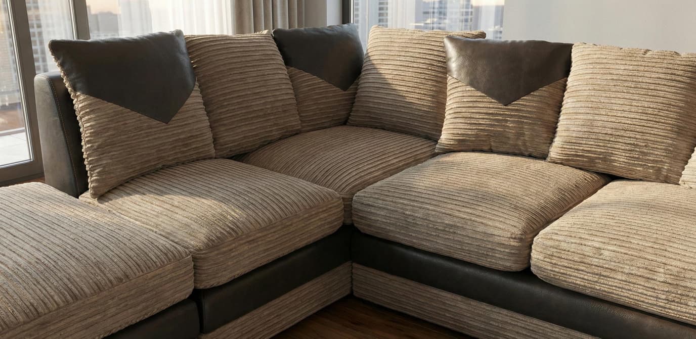 Beige Brown Corner Sofa Jumbo cord Fabric Dino Sofa