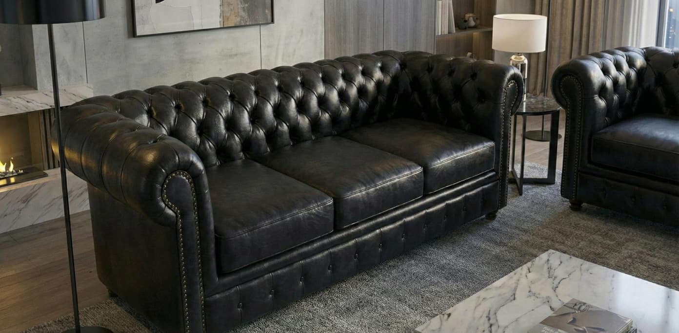 Black 2+3 Seater Sofa Set Faux Leather Fabric Chesterfield Sofa