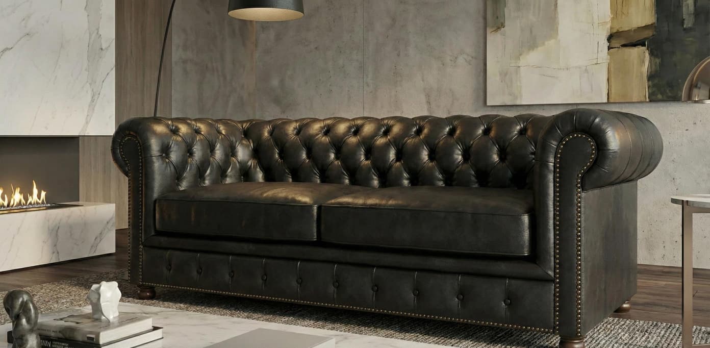 Black 2 Seater Sofa Faux Leater Fabric Chesterfield Sofa