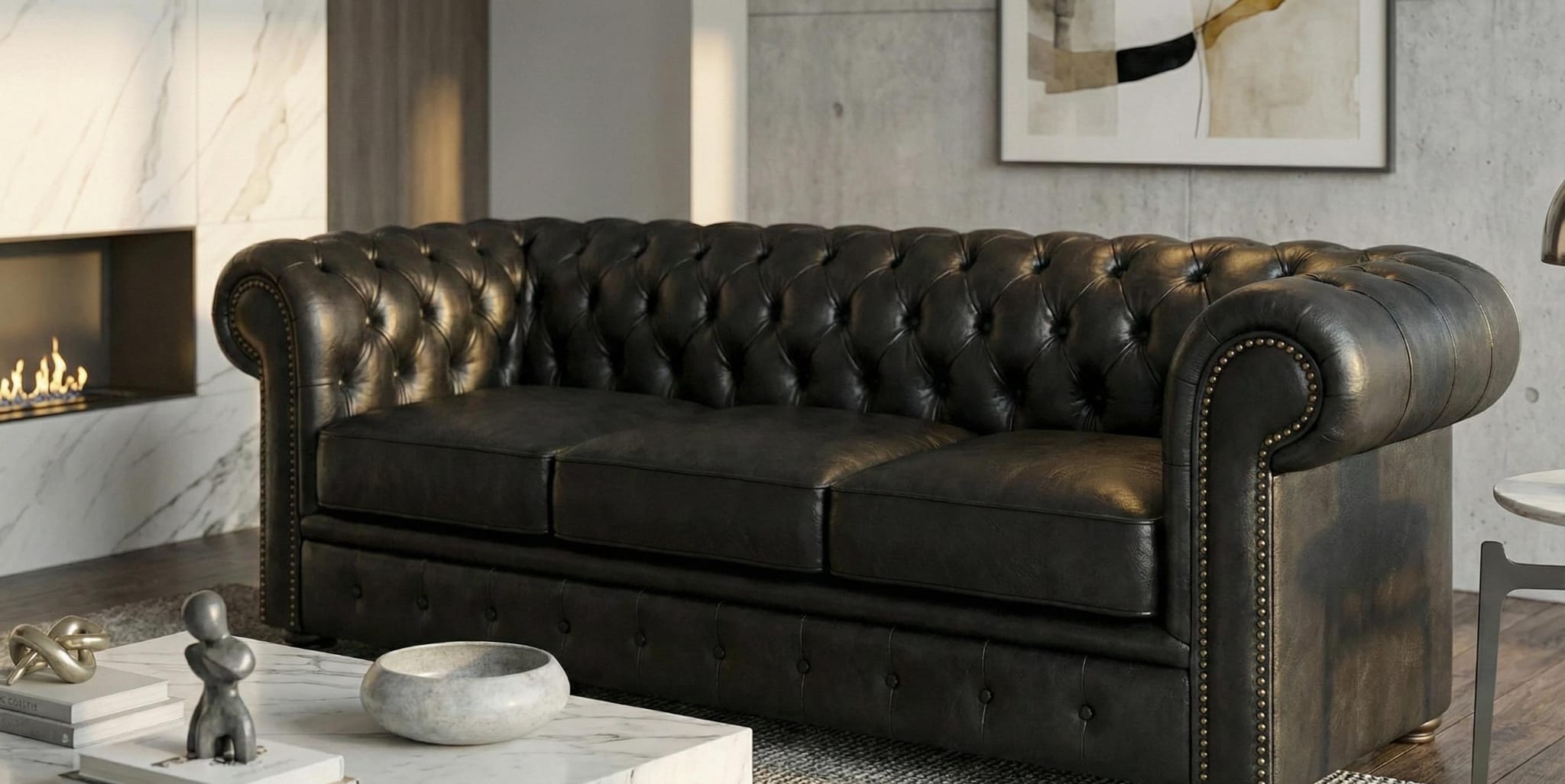 Black 3 Seater Sofa Faux Leater Fabric Chesterfield Sofa