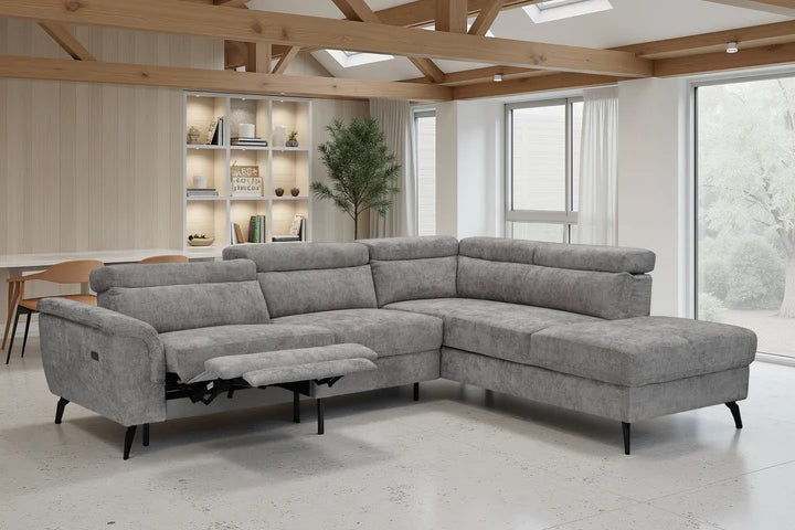 Woven Chenille Grey Right Hand Facing Reclining Corner Sofa with Storage TRIONFO