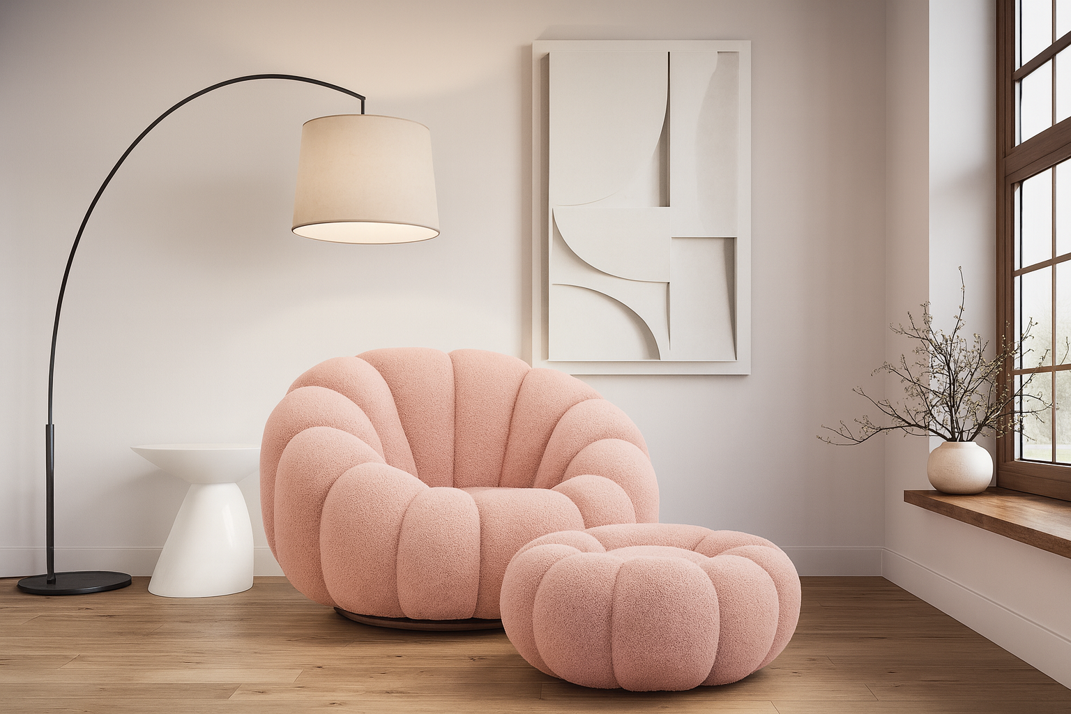 Teddy Boucle Fabric Pink 1 Seater Swivel Sofa with Footstool MIRIELLE