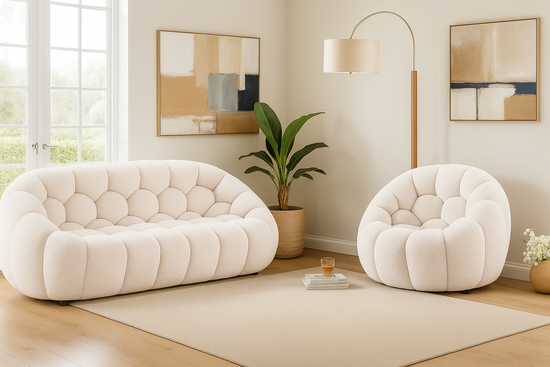 Teddy Boucle Fabric White 2 + 1 Seater Sofa Set DIVANO LETTO