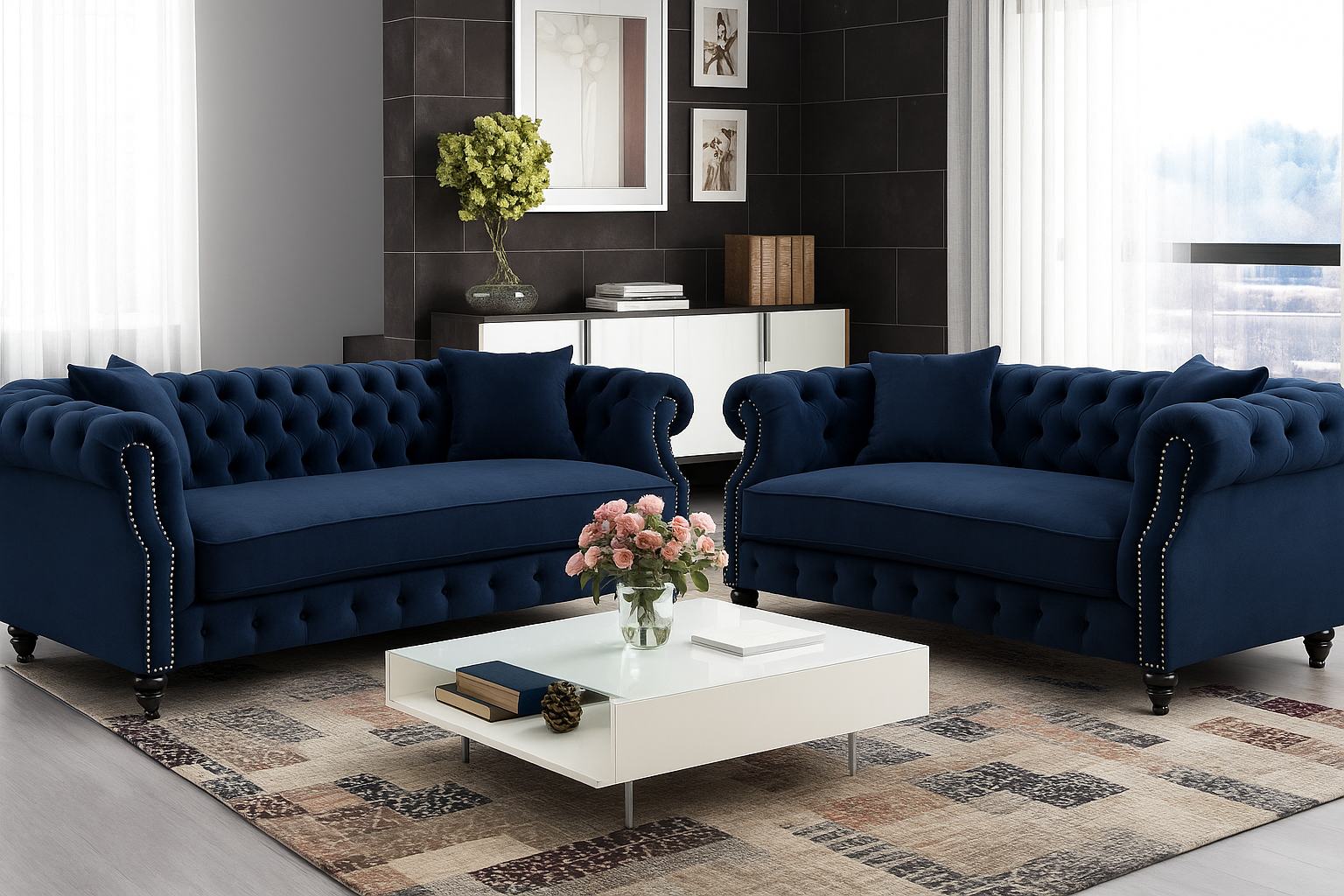 Velvet Navy Blue 3 + 2 Seater Chesterfield Sofa Set LUSSO