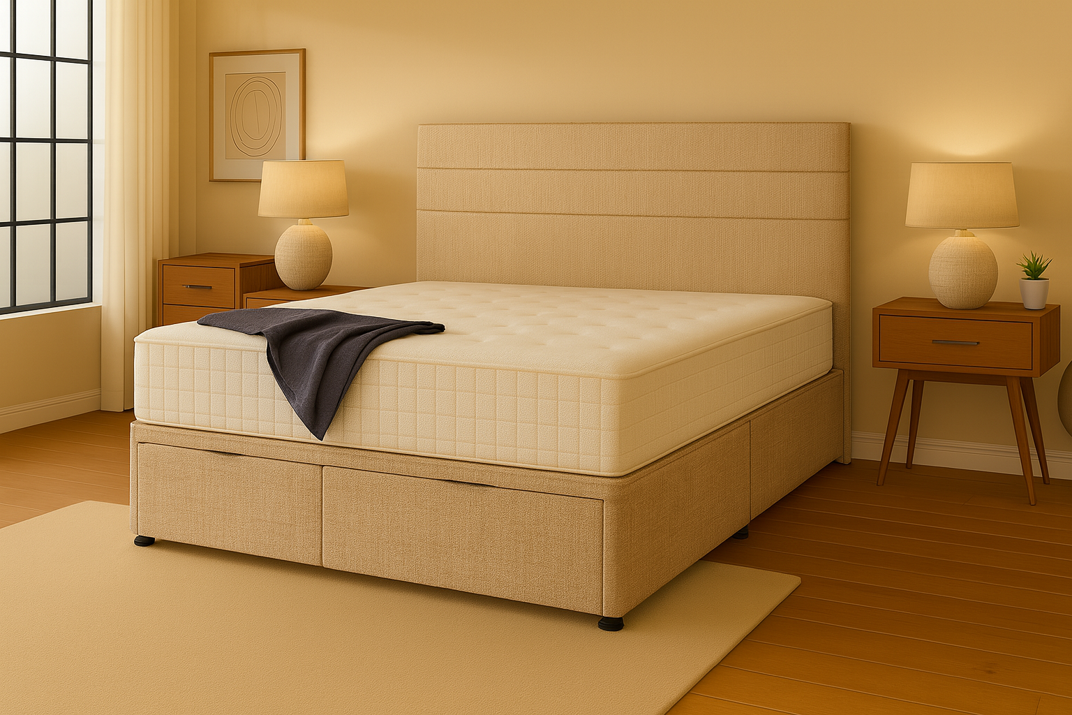 beige linen bed