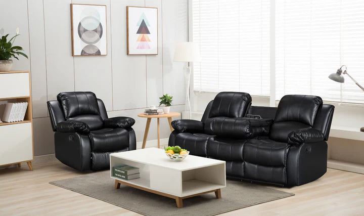 Faux Leather Black 3 + 1 Seater Manual Recliner Sofa Set SETTEE