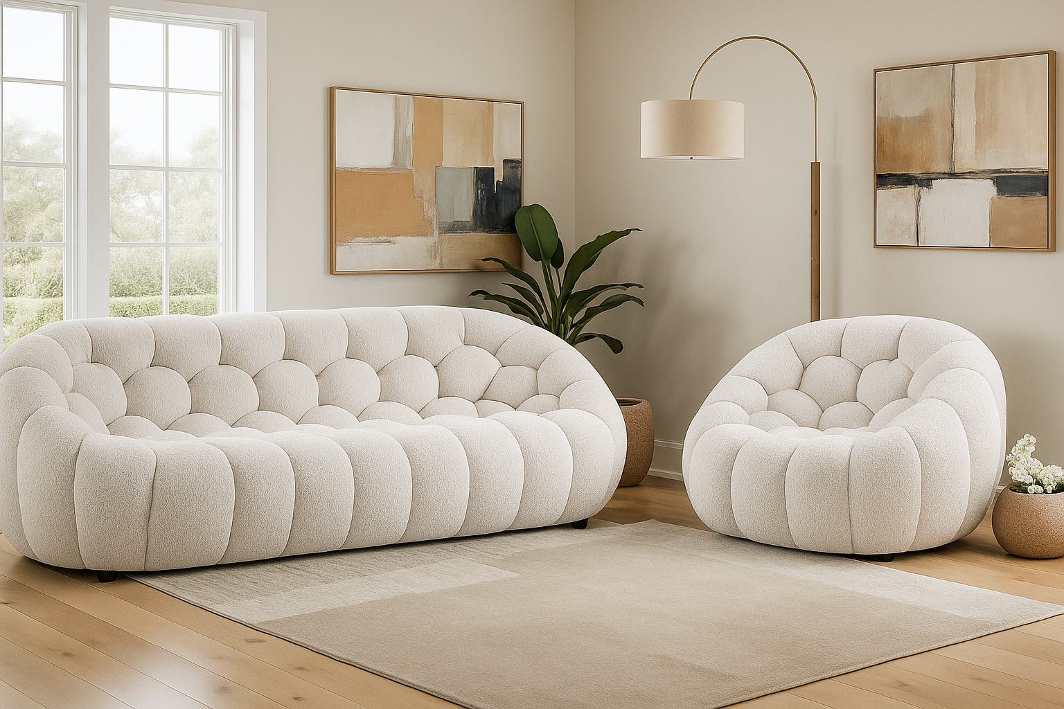 Teddy Boucle Fabric White 3 + 1 Seater Sofa Set DIVANO LETTO