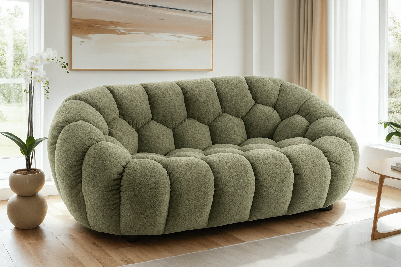 Teddy Boucle Fabric Sage Green 2 Seater Sofa DIVANO LETTO
