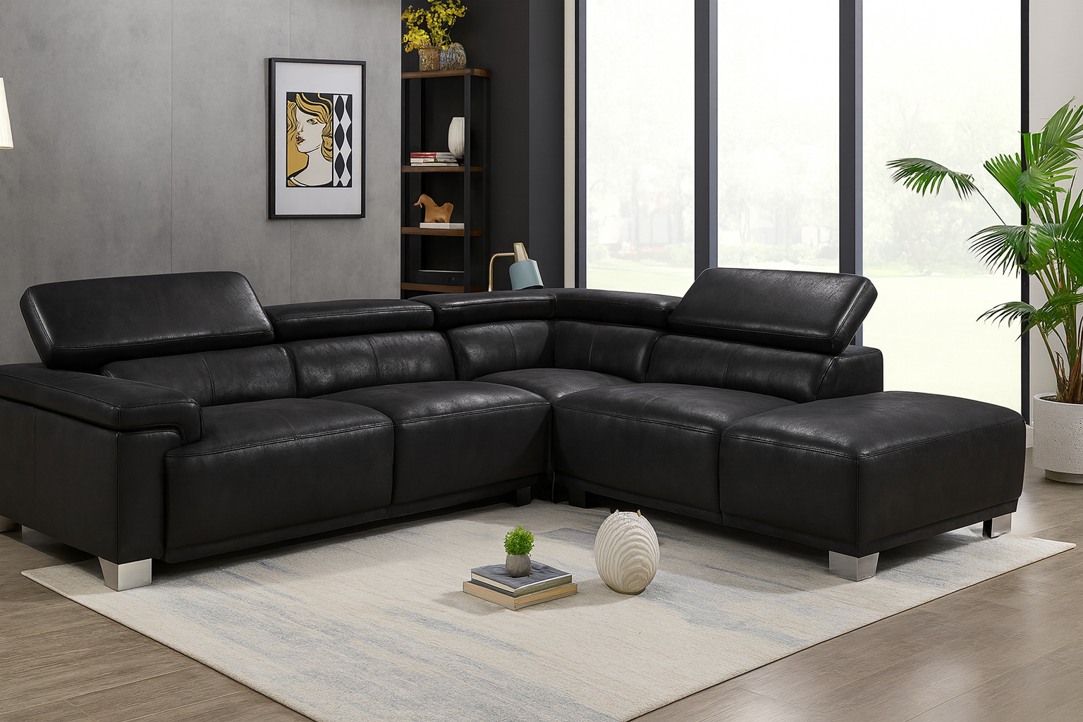 Faux Leather Black Suede Right Hand Facing Corner Sofa VENTO(1)