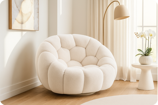 Teddy Boucle Fabric White 1 Seater Swivel Sofa DIVANO LETTO