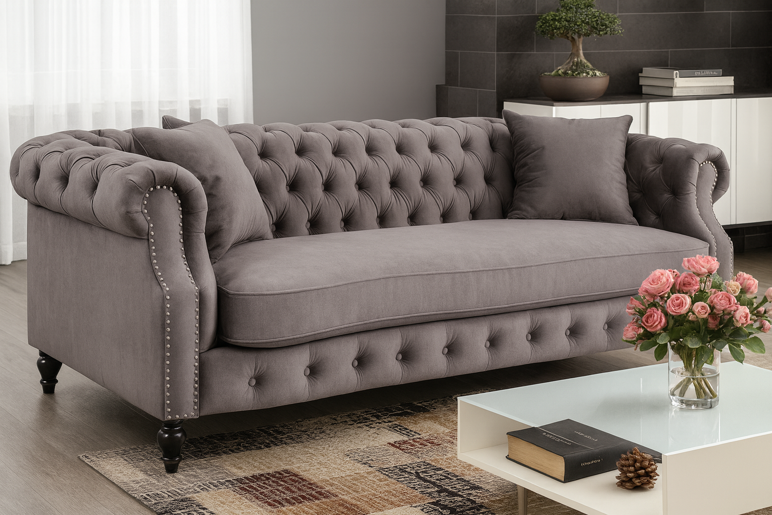 Velvet Dark Grey 3 Seater Chesterfield Sofa LUSSO