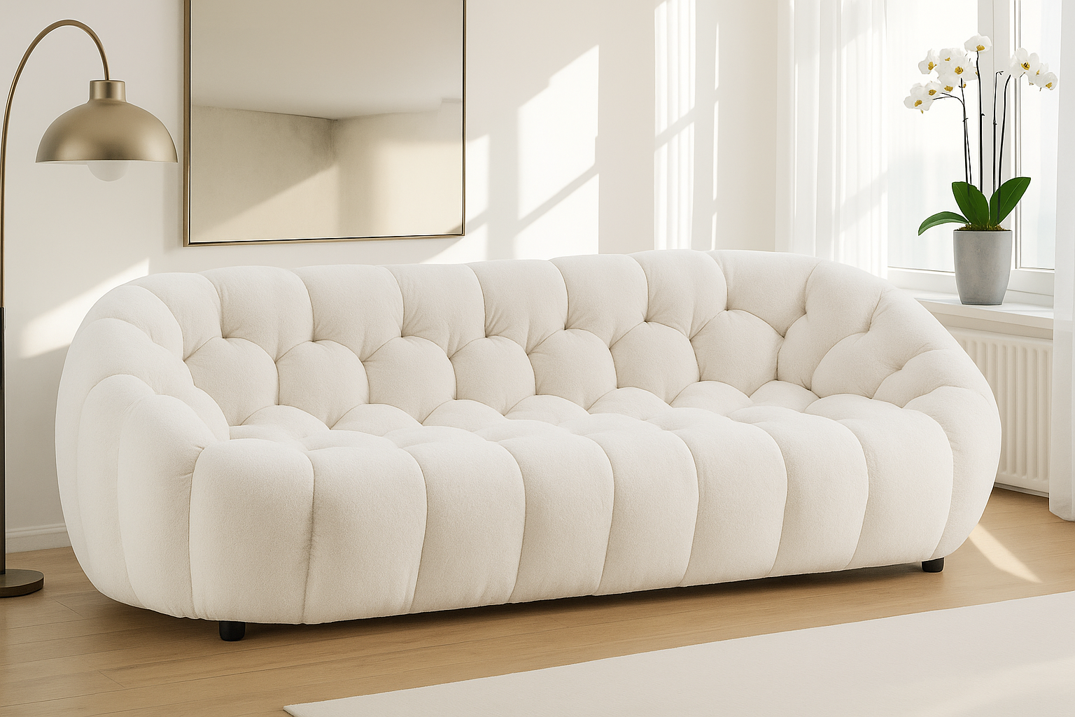 Teddy Boucle Fabric White 3 Seater Sofa DIVANO LETTO(1)