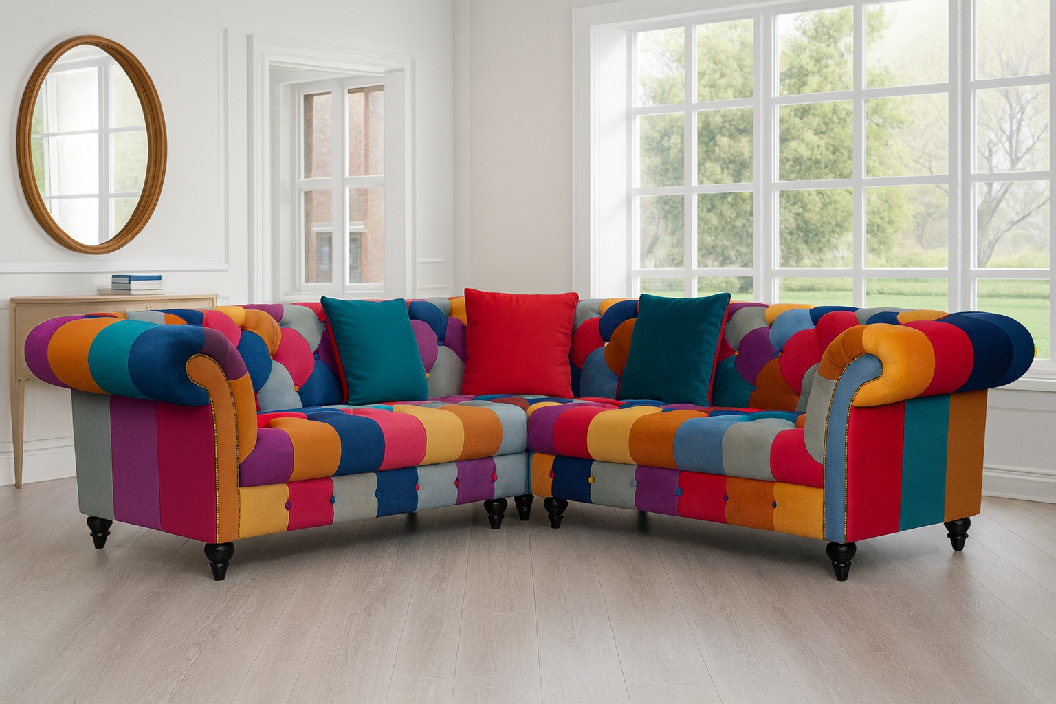 Multicoloured Velvet Patchwork 2C2 Seater Scroll Arm Chesterfield Corner Sofa AMALFI