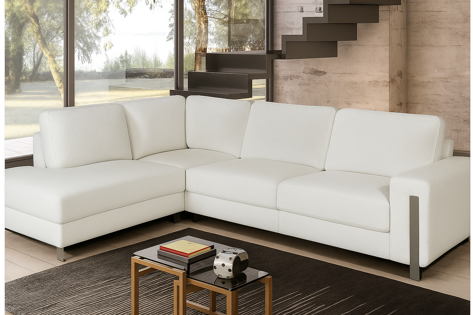 Teddy Boucle Fabric White Left Hand Facing Corner Sofa ELEGANZA