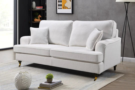 Teddy Boucle Fabric White 3 Seater Bella Sofa with Plain Cushions ASBURY