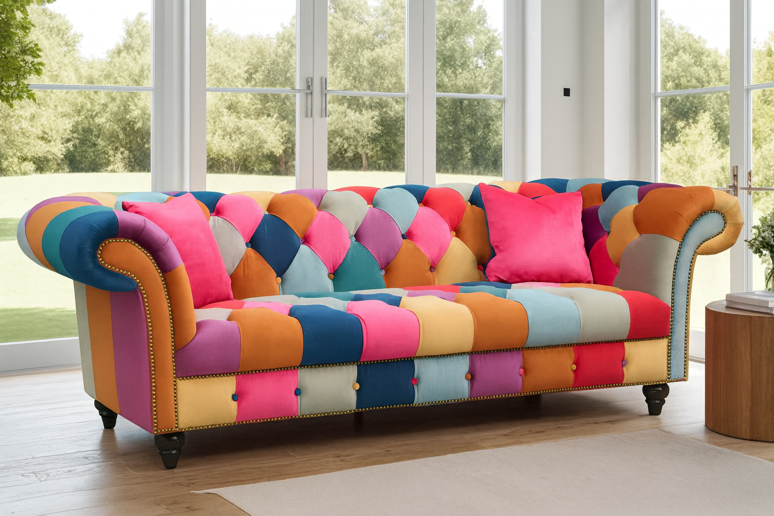 Multicoloured Velvet Patchwork 3 Seater Scroll Arm Chesterfield Sofa AMALFI