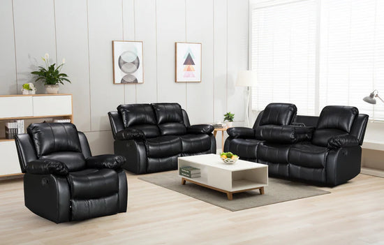 Faux Leather Black 3 + 2 + 1 Seater Manual Recliner Sofa Set SETTEE